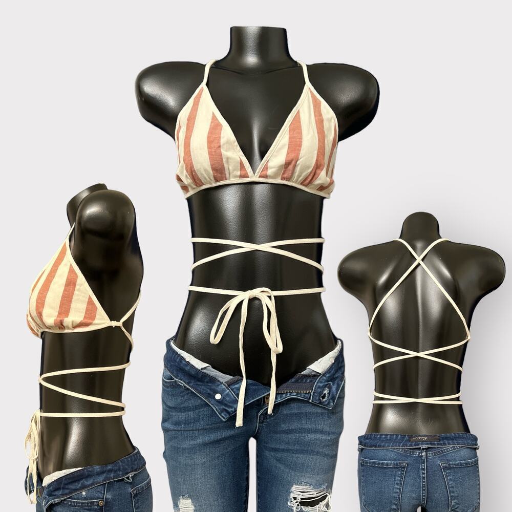 Free People Cream and Rust Striped Wrap Triangle Bikini Top 88% Cotton 12% Linen